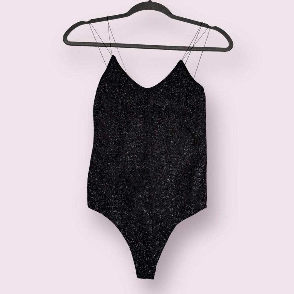Y.A.S. Black Sparkly Metallic Strappy Ribbed Bodysuit Size Small / Medium